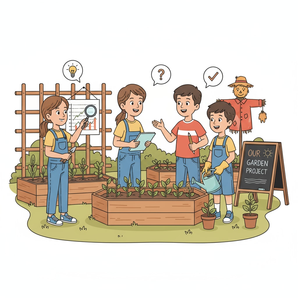 Students demonstrating social skills and interdisciplinary thinking in a school garden