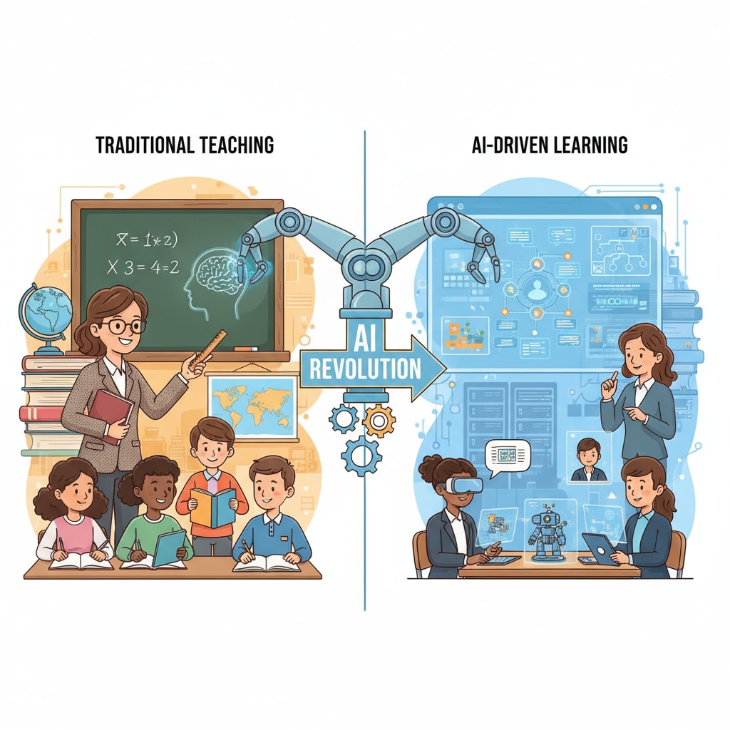 Graphic showing the replacement of traditional teaching methods by AI in the context of artificial intelligence, higher education, and employment automation