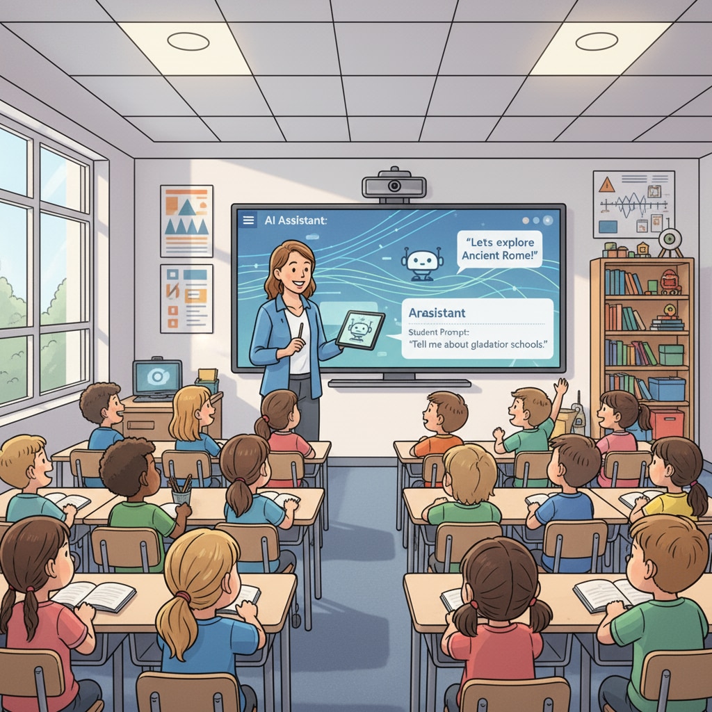 A teacher using an AI communication tool as part of education AI tools, learning aids, and teaching technologies