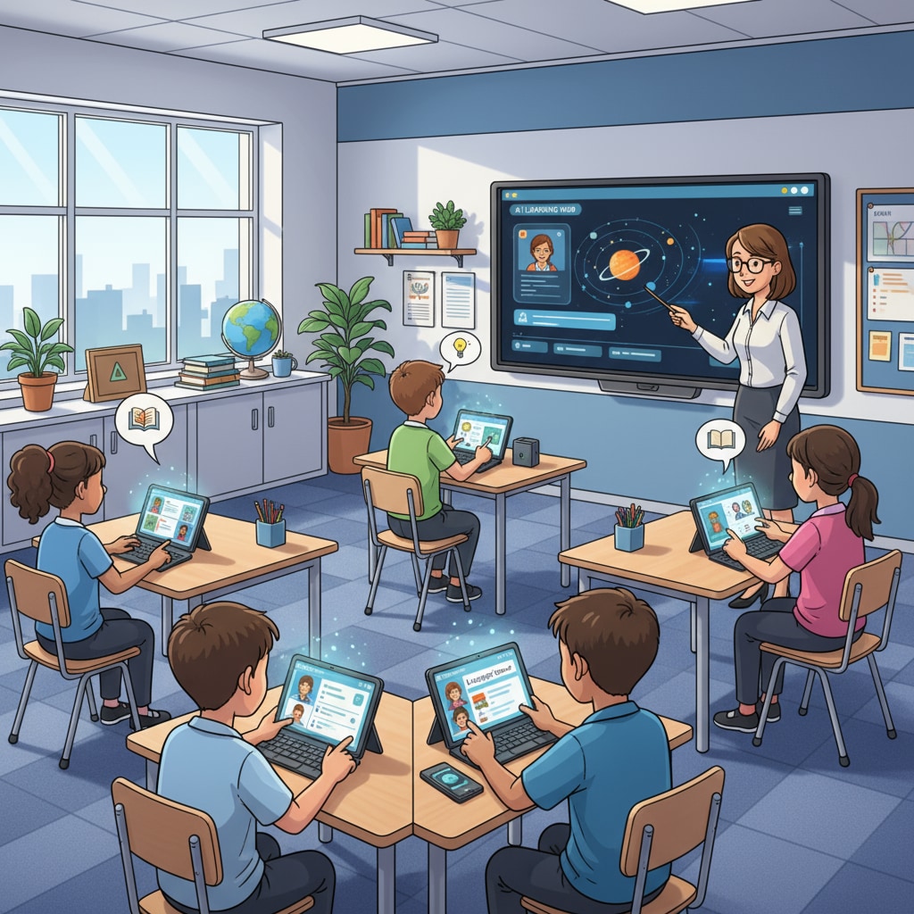 Students using AI educational tools in a modern classroom related to artificial intelligence in education, algorithmic teaching, and educational transformation