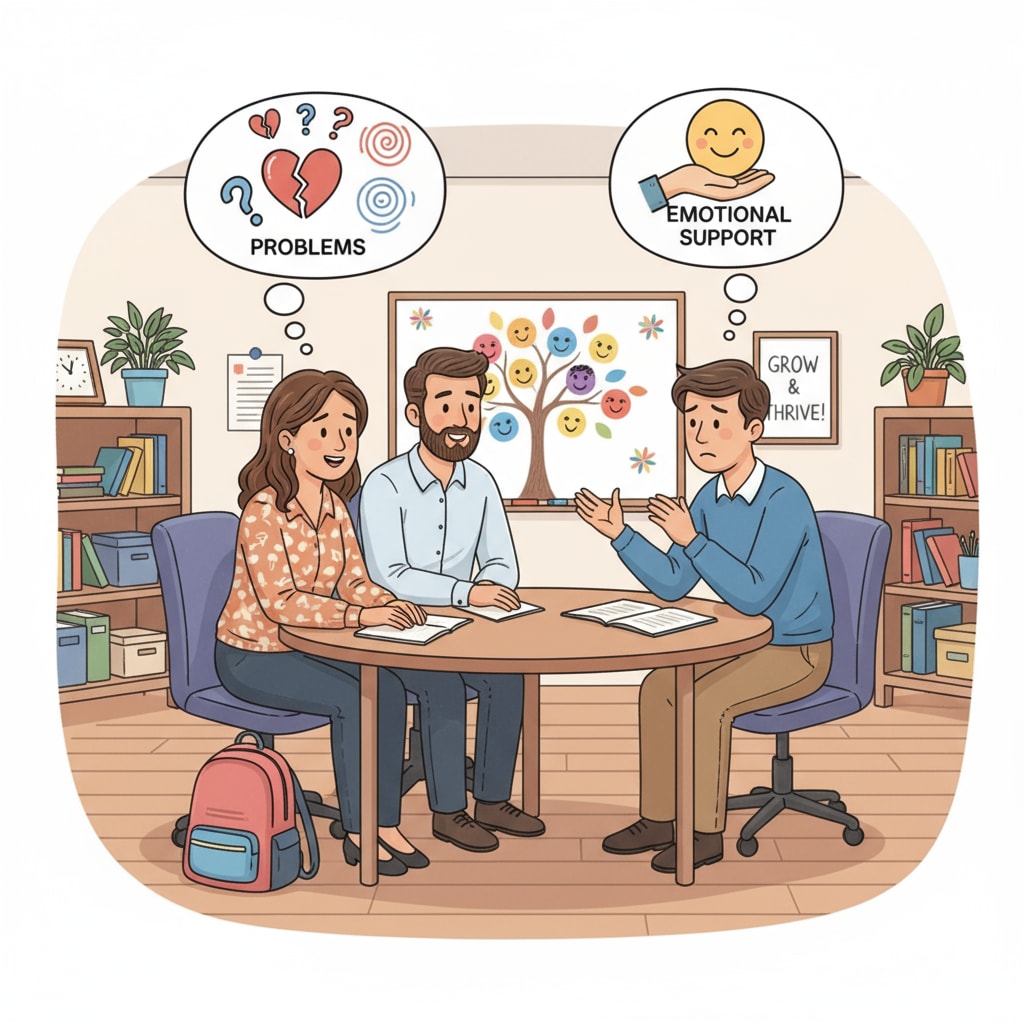 School counselors are listening attentively to students' problems, demonstrating their role in providing emotional support. School counselors listening to students' issues as part of their duties in the education system
