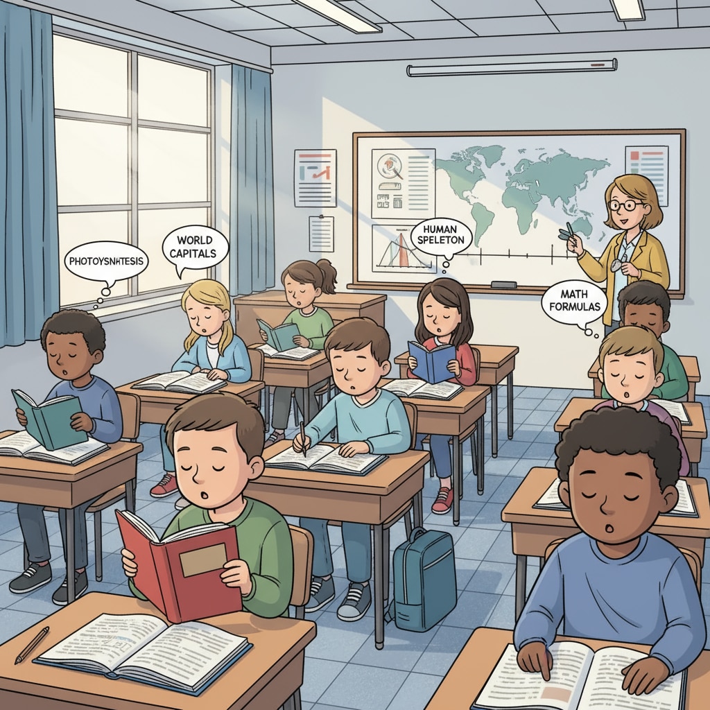 Students in a classroom focusing on knowledge memorization, related to school education, practical skills, and life abilities.