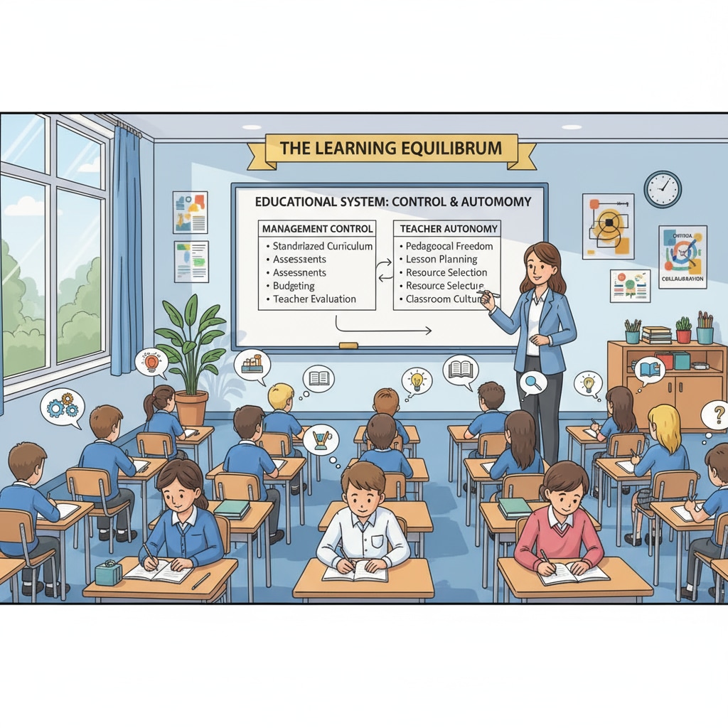 Classroom scene showing the impact of data recording, micromanagement, curriculum planning, and administrative supervision on education