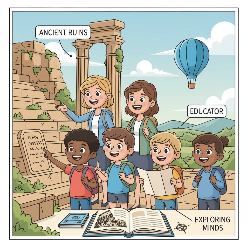 K12 students on an overseas educational trip exploring a historical site