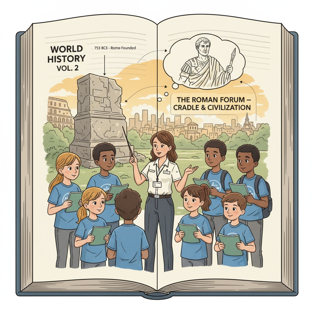A professional tour guide explaining historical facts to K12 students on an overseas trip