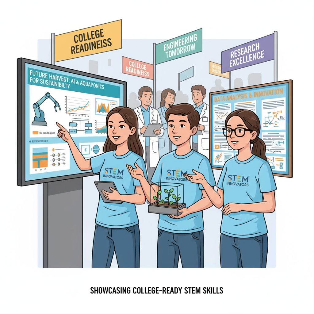 Students presenting their STEM project at a competition for college application enhancement