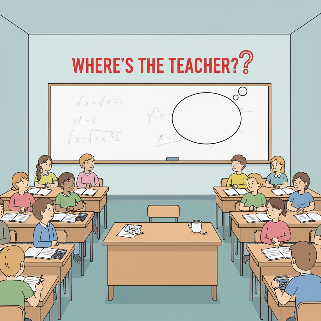 A math classroom with an empty teacher's desk symbolizing teacher shortage