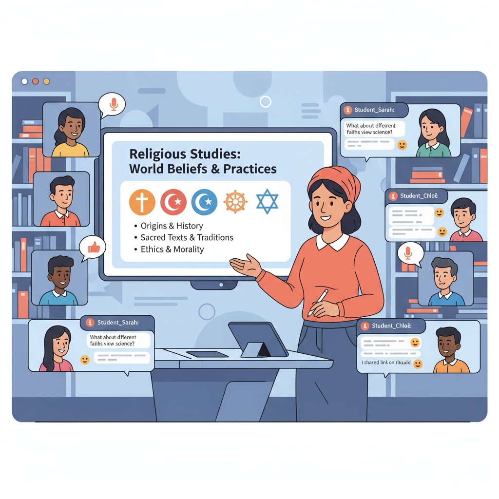 Virtual classroom setup for religious studies relevant to Islamic thought and other religious concepts in K12 online courses