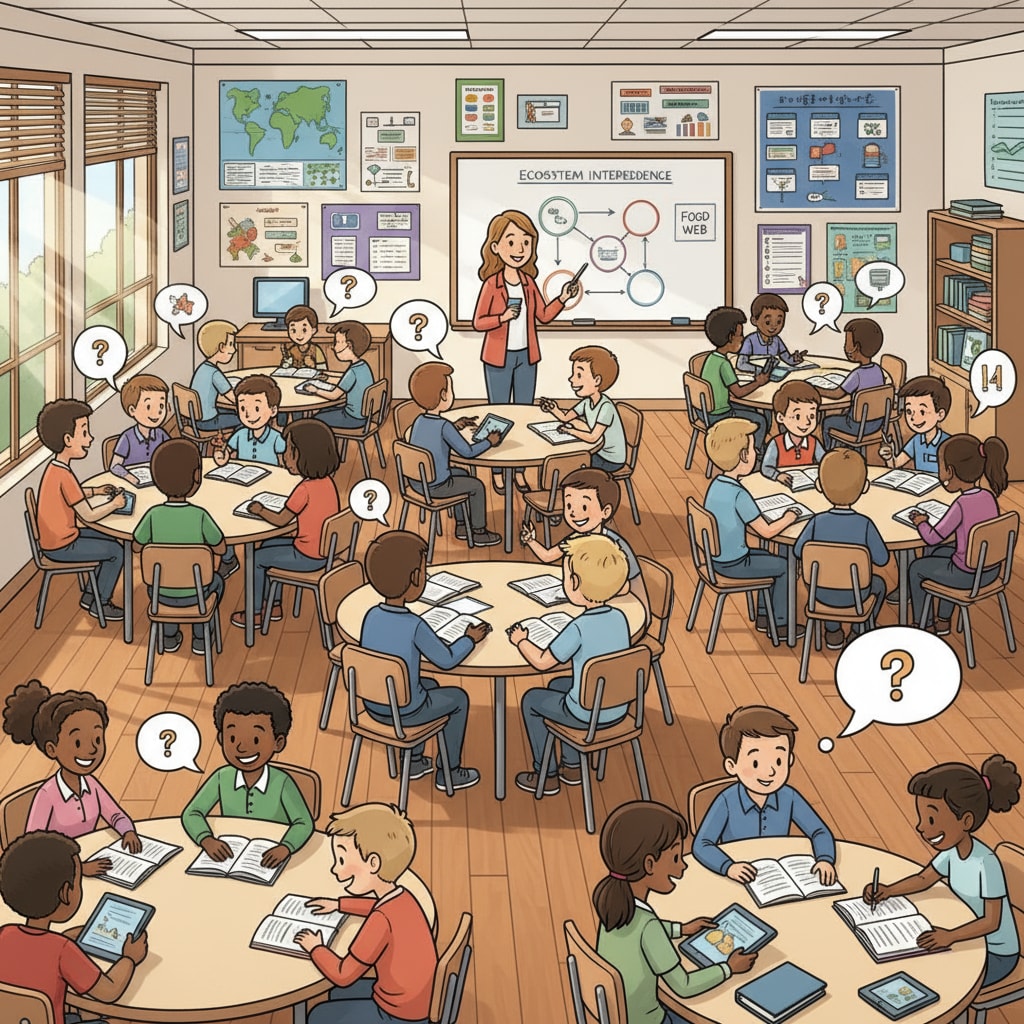 Group learning in a K12 classroom, showing students engaged in discussions to enhance learning outcomes.