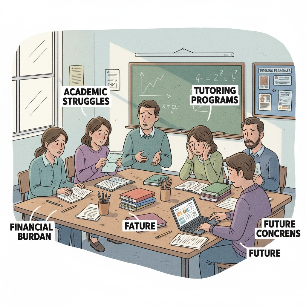 A group of low-income parents are sitting around a table, looking worried as they talk about their children's educational problems. Low-income parents discussing family education and parental involvement issues