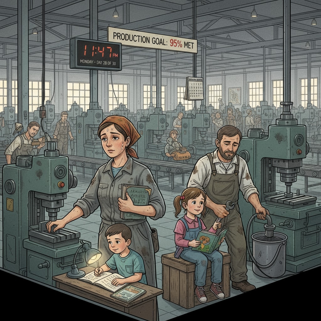 Low-income parents are working hard in a factory with long hours, showing the struggle of balancing work and family education. Low-income parents' long working hours affecting parental involvement in education