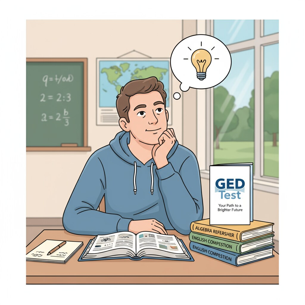 A student sitting at a desk, looking at books and a GED test brochure, pondering the educational decision A student considering the choice between high school dropout and GED test in educational planning