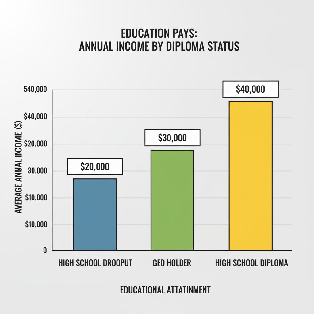 A graph showing the income difference between high school dropouts, GED holders, and high school diploma holders Income comparison among high school dropouts, GED holders, and high school diploma holders related to educational planning