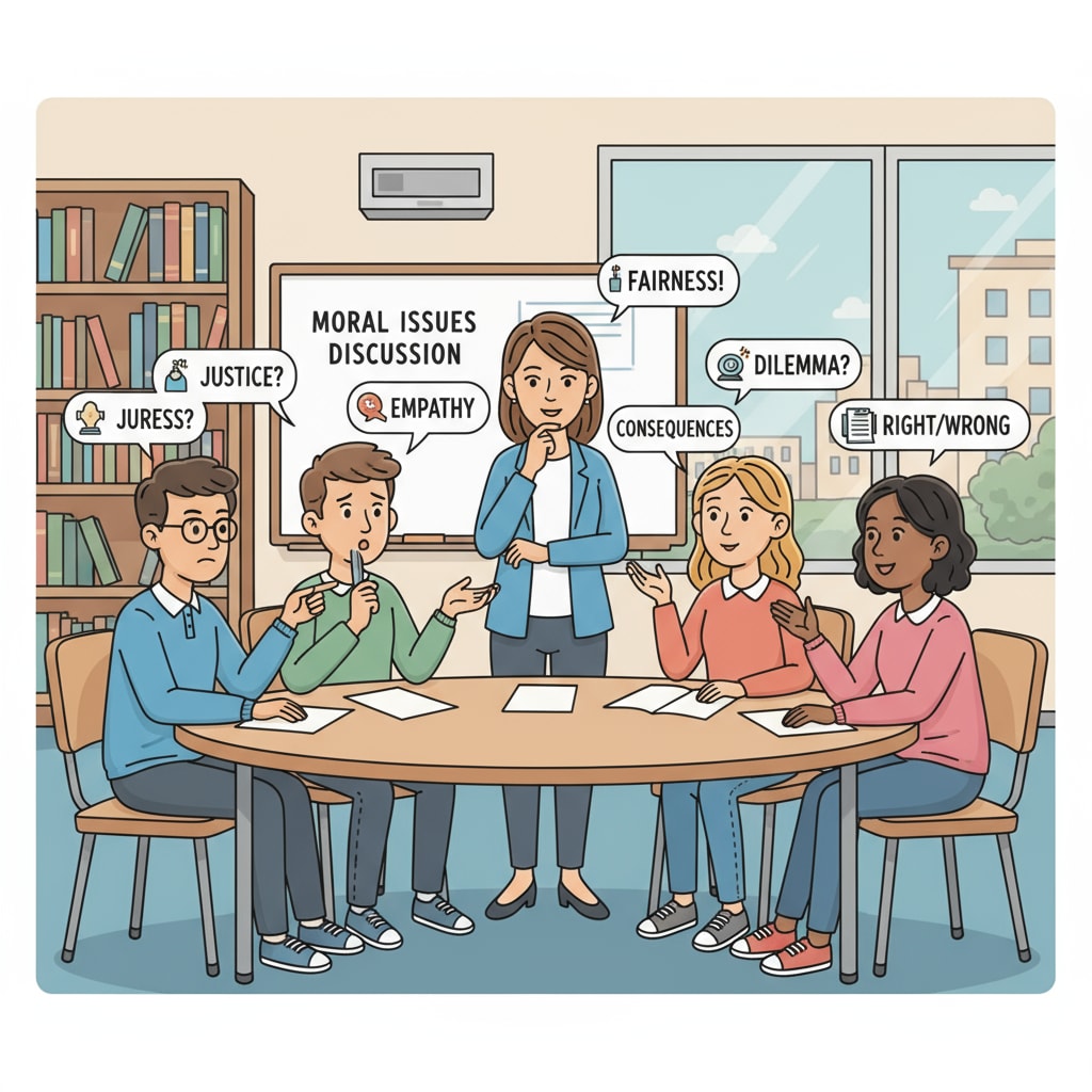 Students discussing moral standards, lack of consensus, and social divisions in a classroom