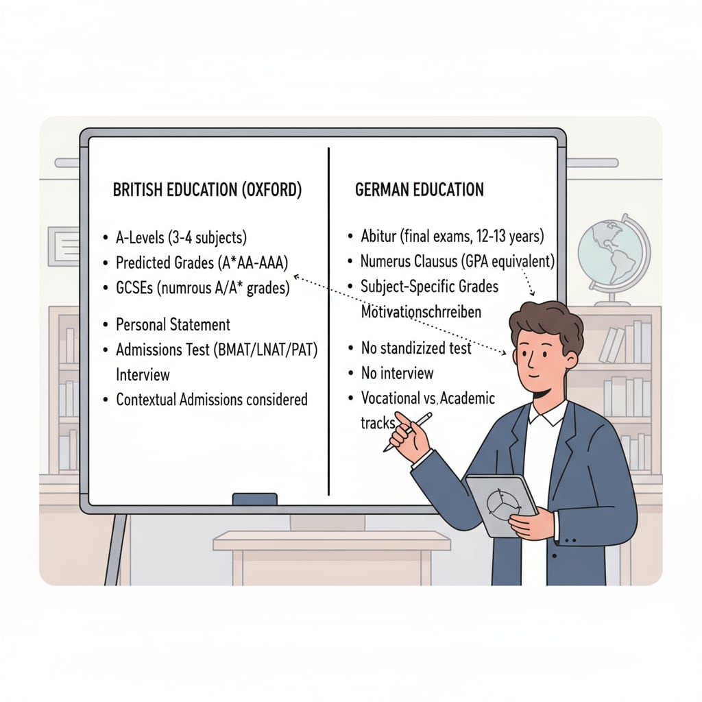 Student comparing German and British education system requirements for Oxford University applications