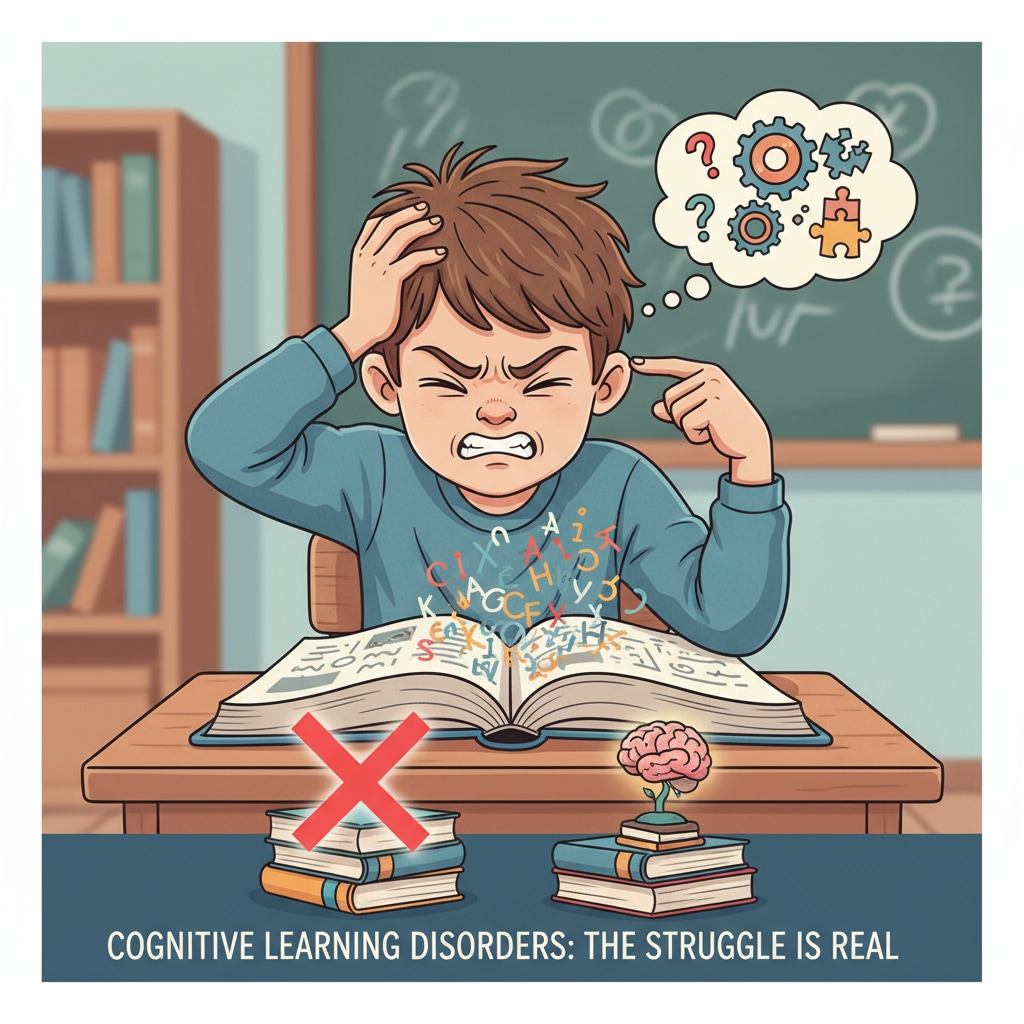 A child with a frustrated expression while reading due to cognitive learning difficulties.