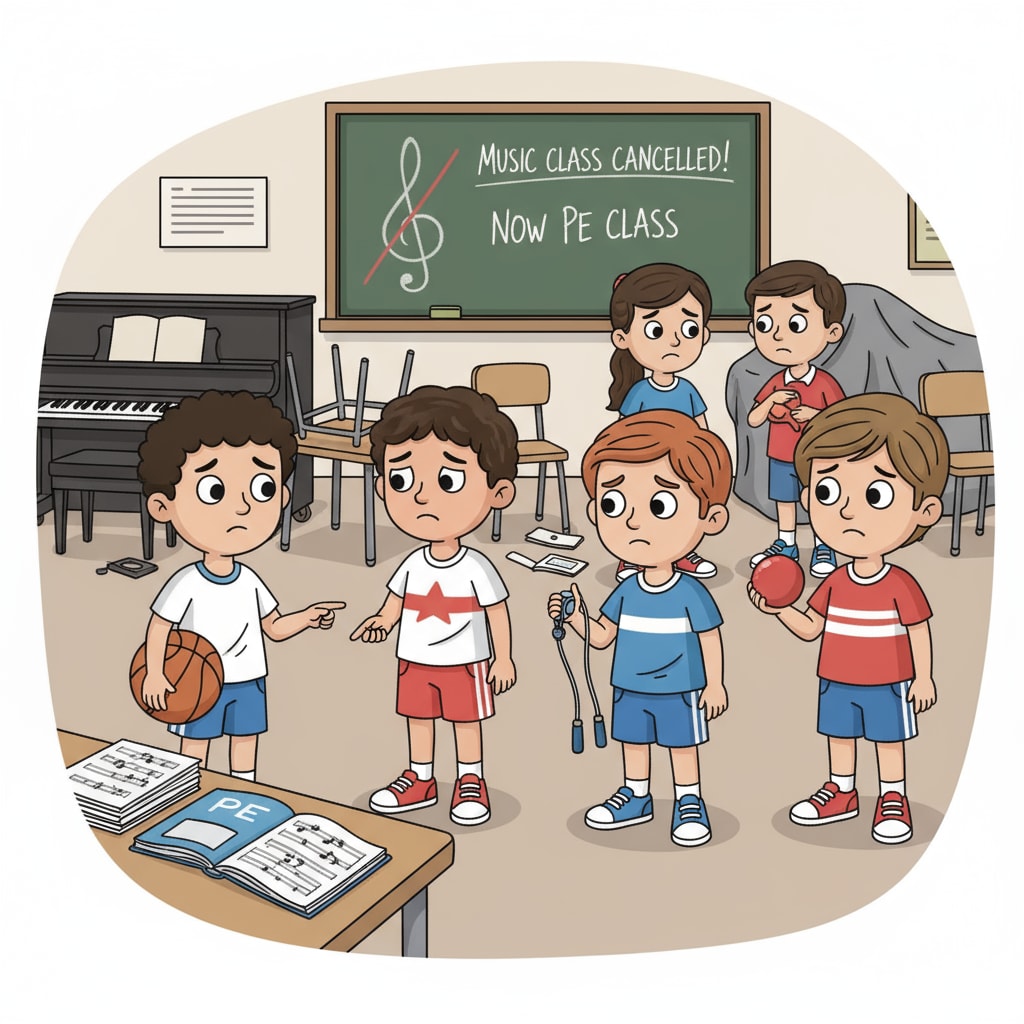 Students showing disappointment due to the substitution of a music class with a PE class in the context of special subjects, curriculum substitution, and educational resources
