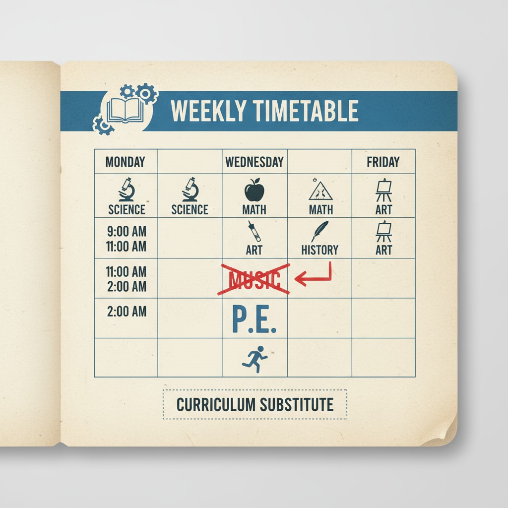 A school schedule demonstrating the substitution of a music class with a PE class, related to special subjects, curriculum substitution, and educational resources