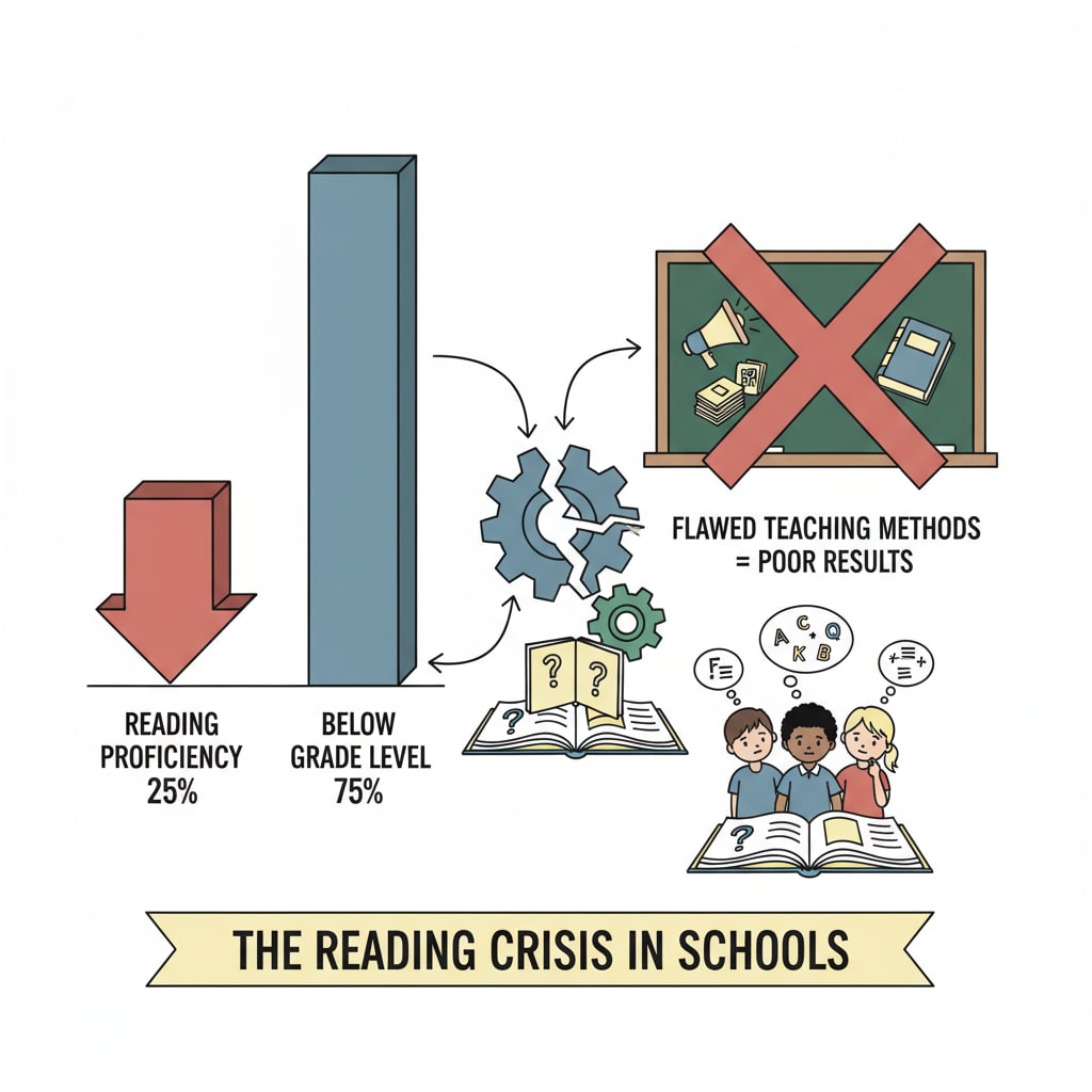 Graph showing low reading proficiency rates in schools with flawed teaching methods related to Sold a Story, reading teaching, and the school-to-prison pipeline