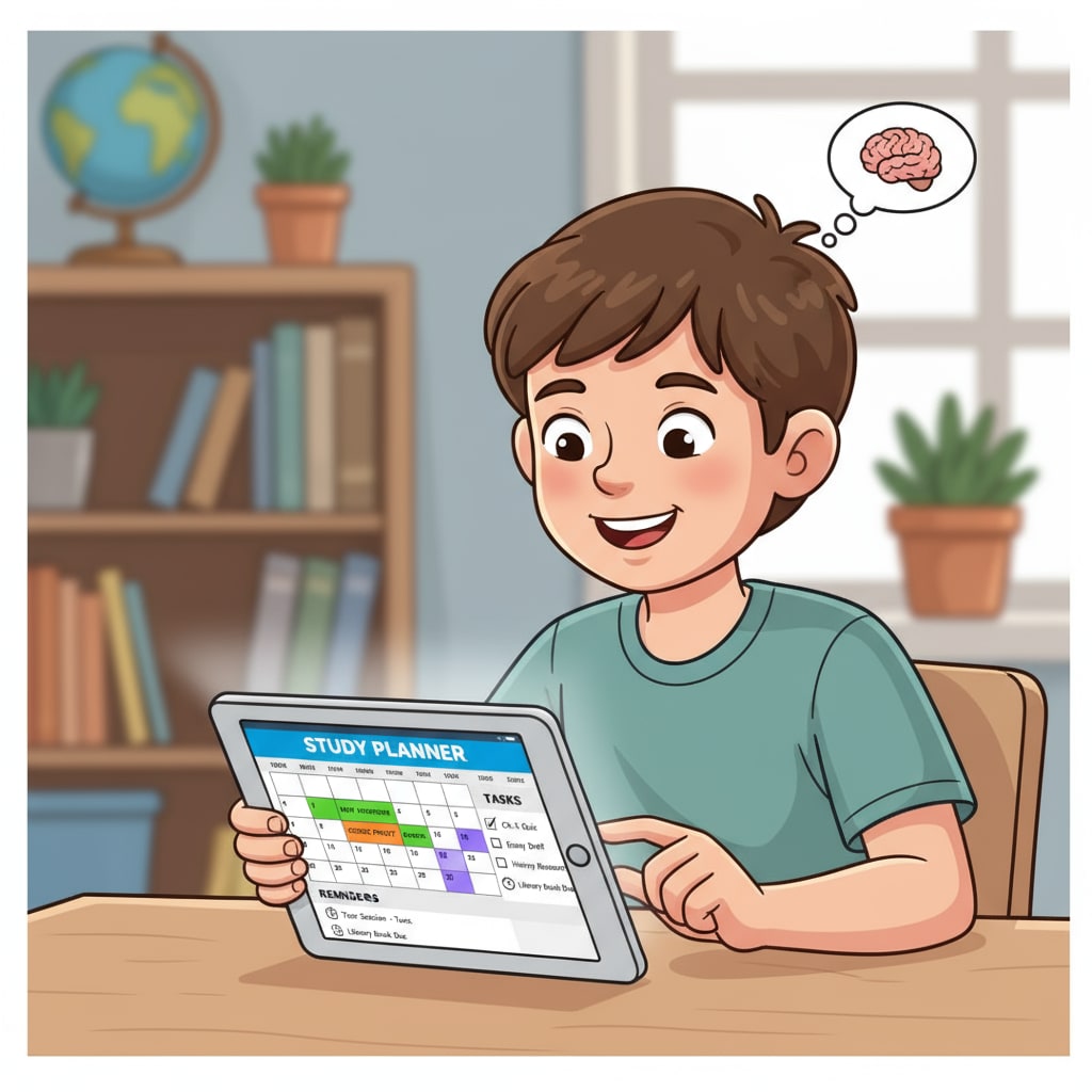 A young student is using a tablet to view and interact with a calendar app. The app's interface shows study schedules, tasks, and reminders clearly laid out. A K12 student using a free calendar app with organizing features on a tablet