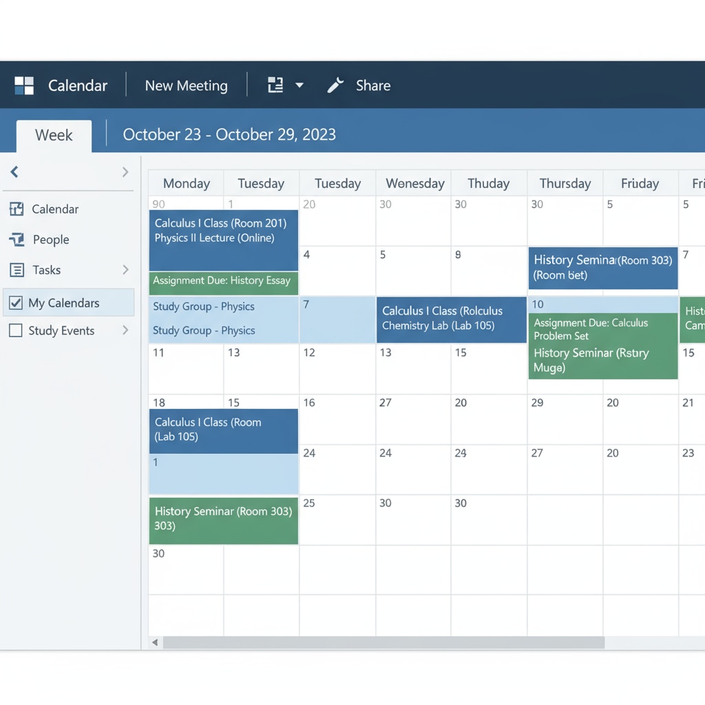 The screenshot displays the Microsoft Outlook Calendar interface. It shows various study - related events like class timings, assignment due dates, and study group meetings marked on the calendar. Microsoft Outlook Calendar interface for K12 students with study - related events