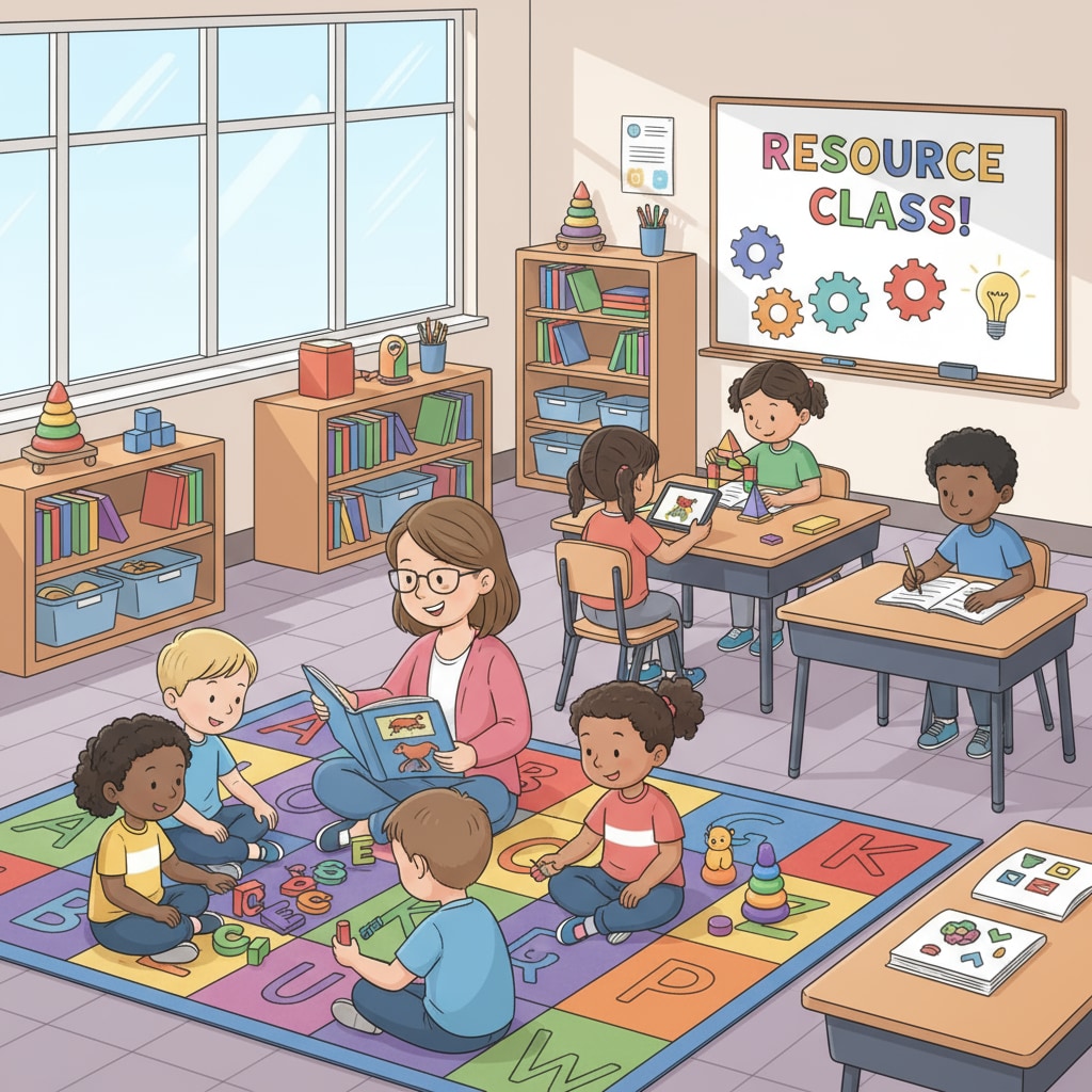 A classroom scene of students at different levels in a resources class practicing teaching strategies