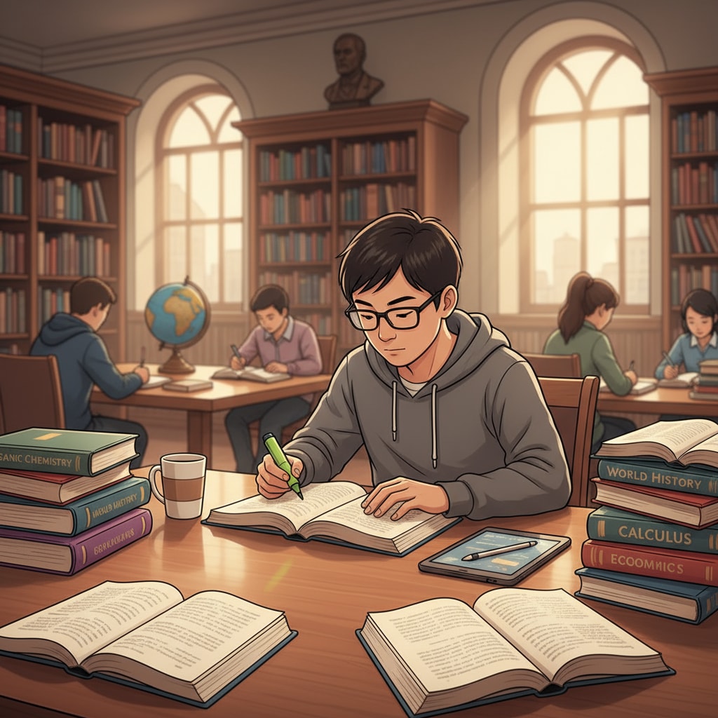 A student studying in an American university library, relevant to academic requirements for football special athletes
