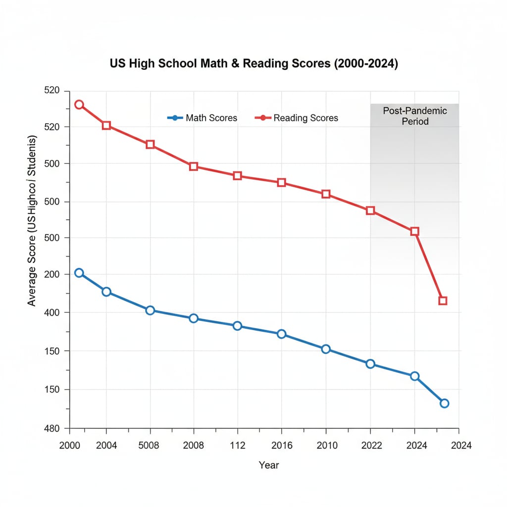 Graph showing the decline in math and reading scores of US high school students as per the national assessment report
