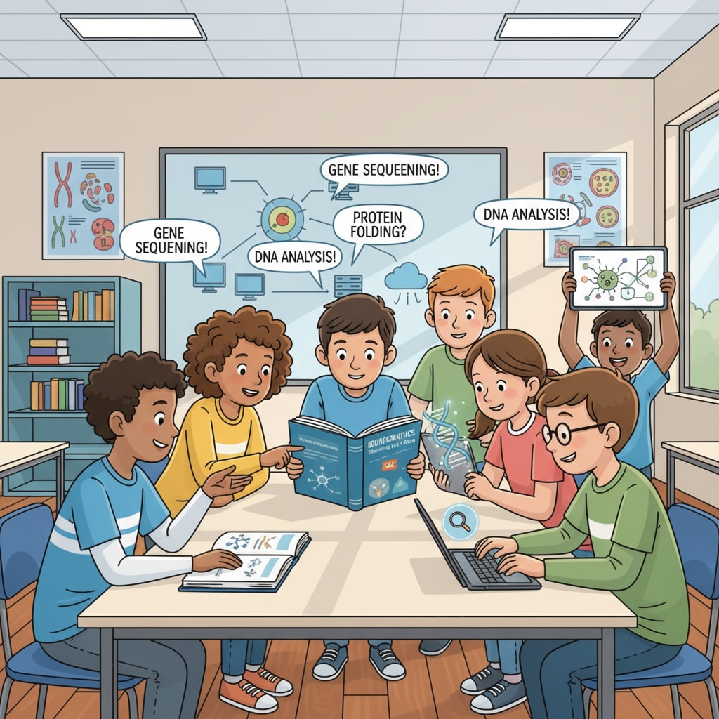 K12 students discussing bioinformatics in a classroom