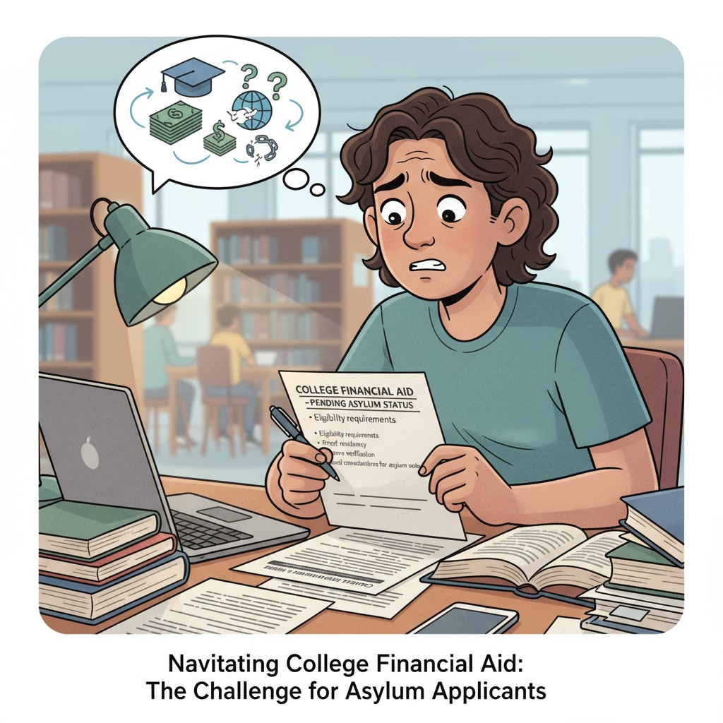 A worried student looking at college financial aid documents, related to asylum pending status, college financial aid, and scholarships