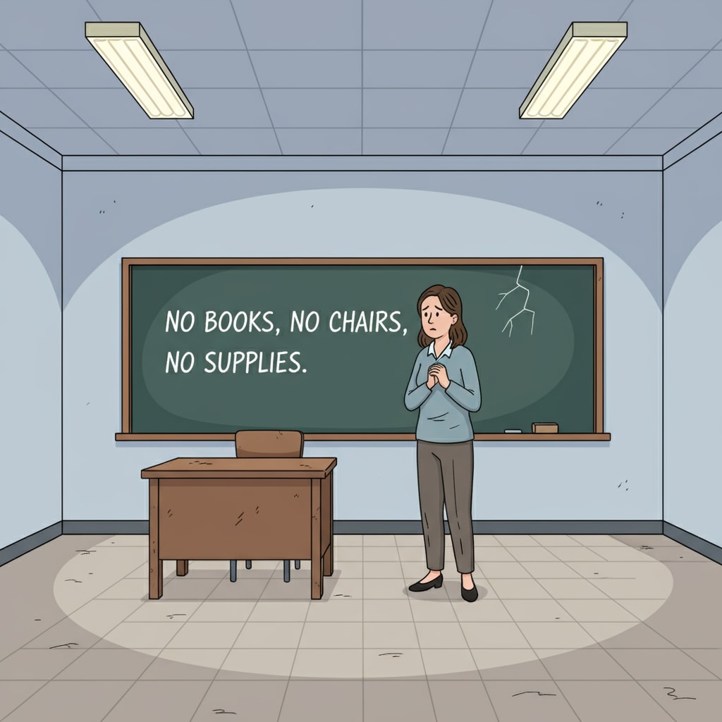 A classroom scene depicting the consequences of neglecting classroom needs due to misallocation of education funds