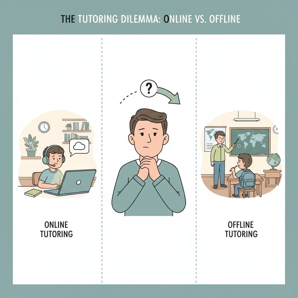 An illustration of a parent's decision-making process between online and offline K12 tutoring, related to parents' trust.