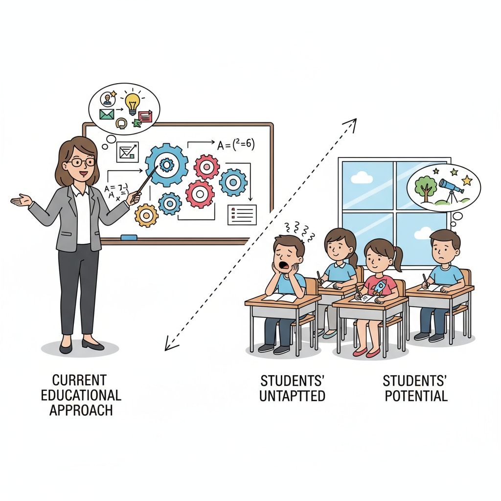 A classroom scene where a few students look bored while the teacher is teaching, indicating the misalignment between the students' potential and the current educational approach. A classroom with bored students highlighting academic potential and education issues