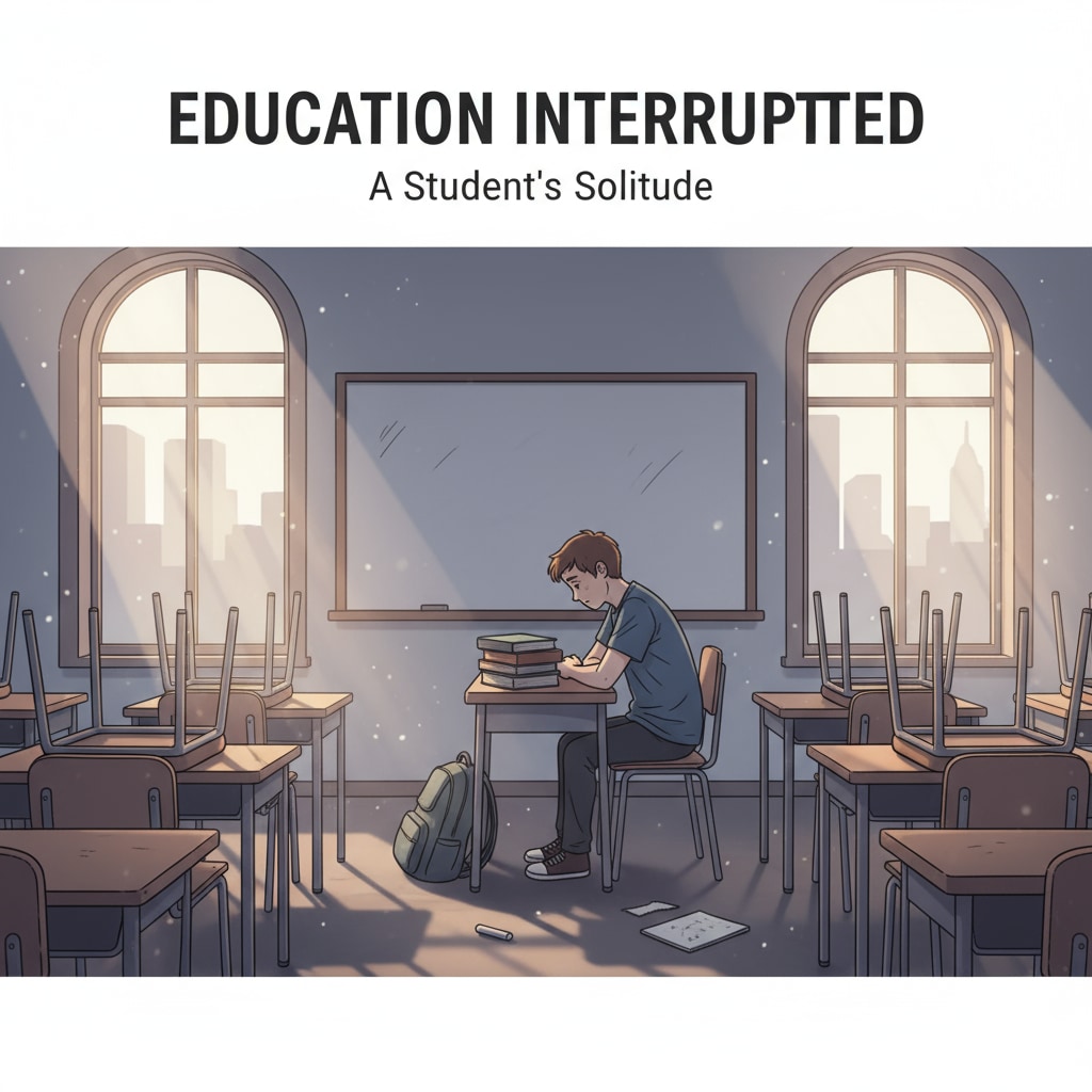 A student sitting alone in an empty classroom looking dejected, representing the state of students facing education interruption. A dejected student in an empty classroom showing education interruption