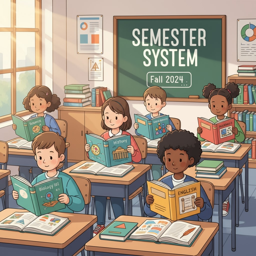 K12 students in a semester system classroom, dealing with multiple courses and academic focus