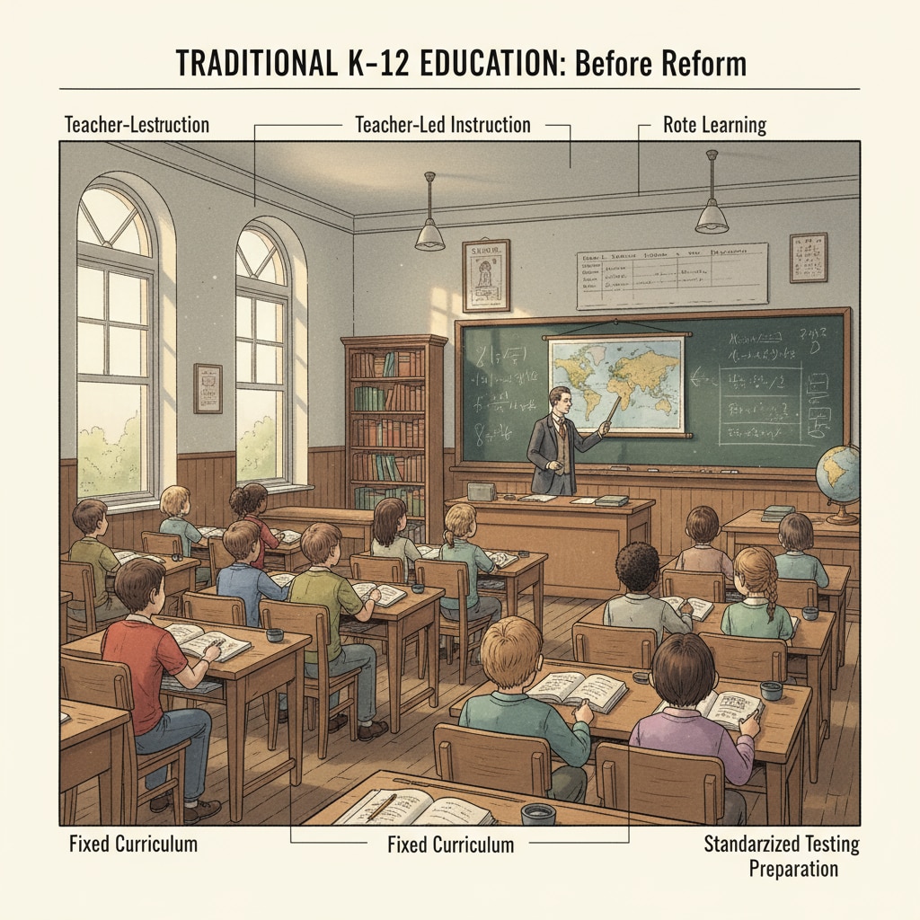 Traditional K12 classroom setting related to educational reform, voucher system, and free school market