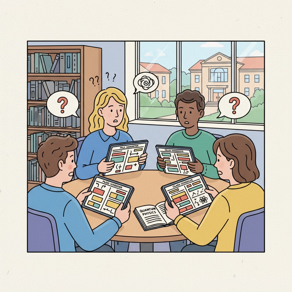 College students confused about university time scheduling, morning and afternoon classes.