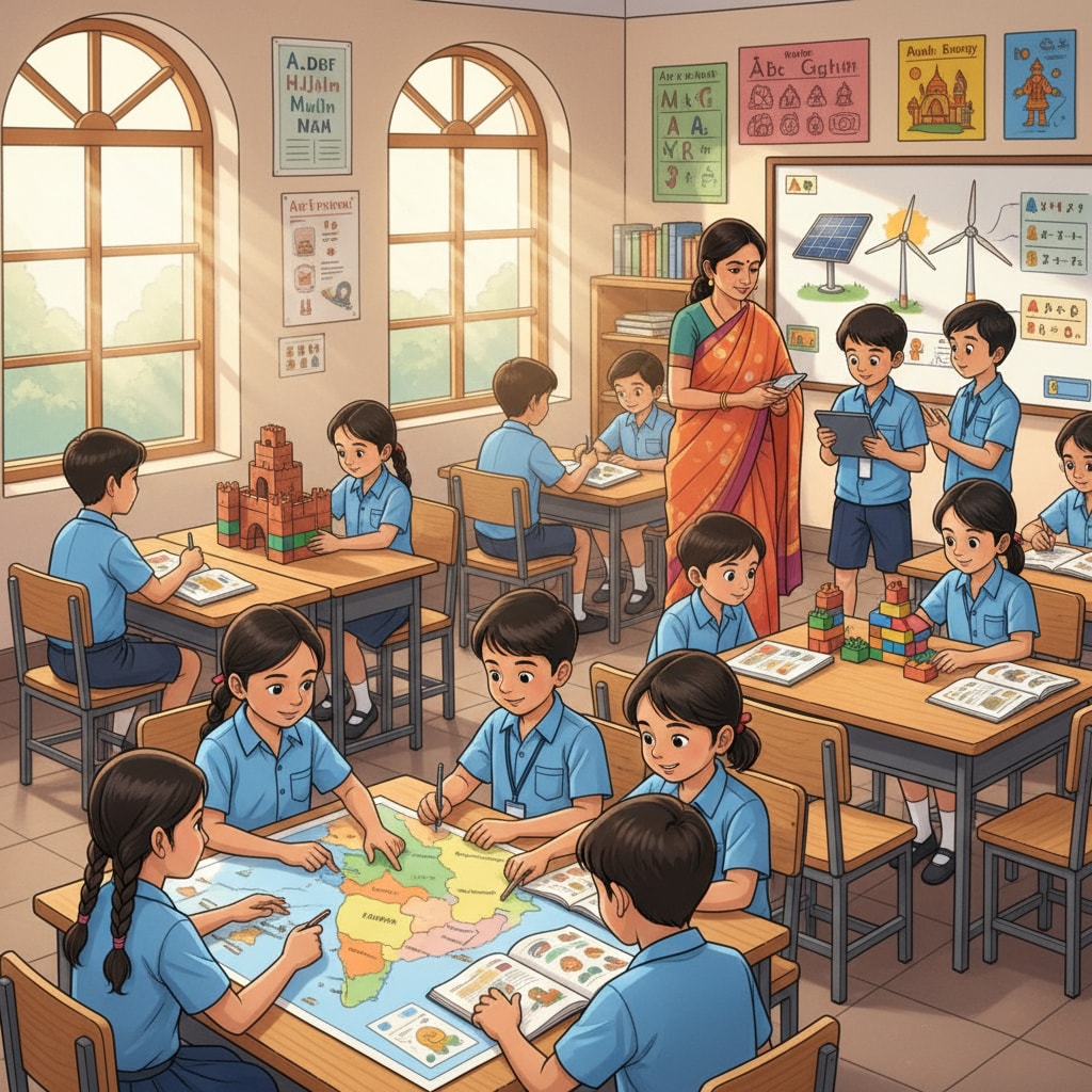 Indian classroom scene related to NEP education policy implementation