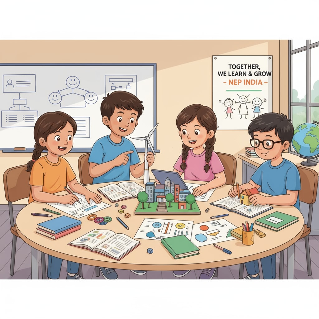 Group of Indian students working together, showing NEP education policy implementation