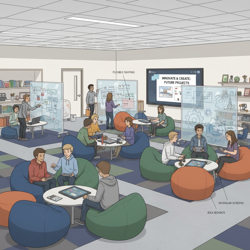 A collaborative learning area in a K-12 school related to architecture design, K-12 educational spaces, and teenager interests