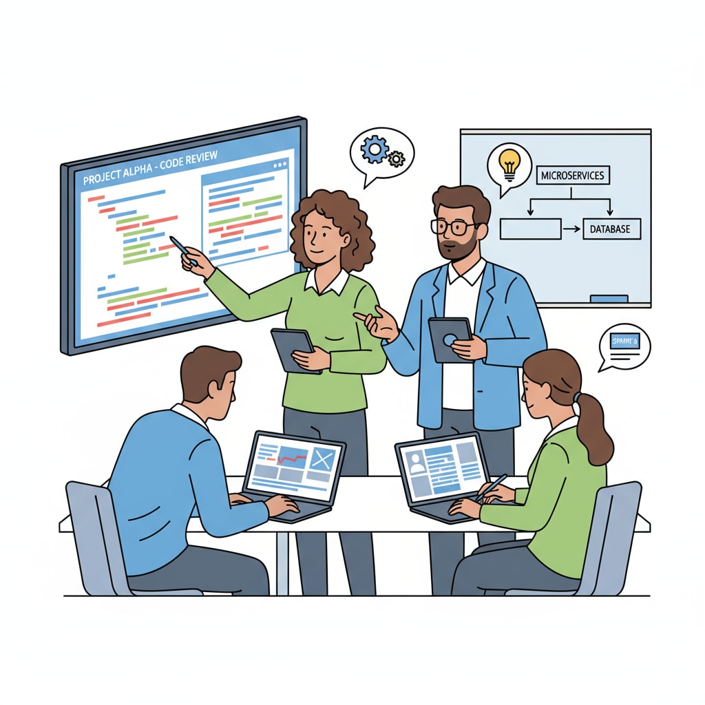 Software engineers collaborating in an office related to college major selection for math and physics students