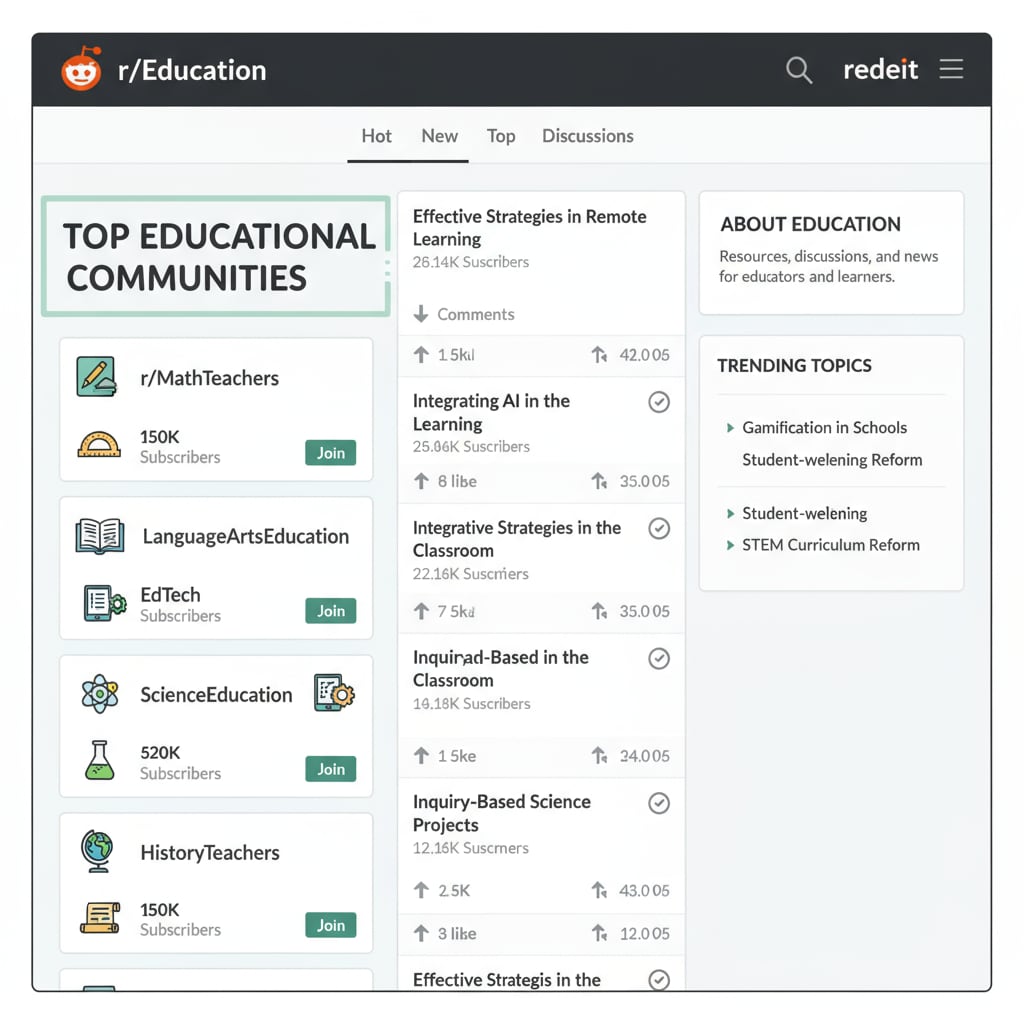 A screenshot of the Reddit education main page showing various subreddits related to different educational aspects such as math teaching, language arts, and educational technology. Screenshot of Reddit education main page with various subreddits for educational networks and community rules