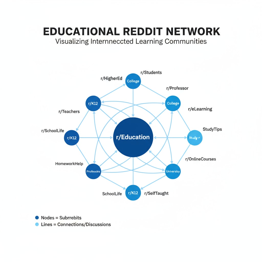A graph visually representing the connection between different education - related subreddits on Reddit, showing how they are interconnected to form an educational network. Graph of interconnected education - related subreddits for educational networks on Reddit