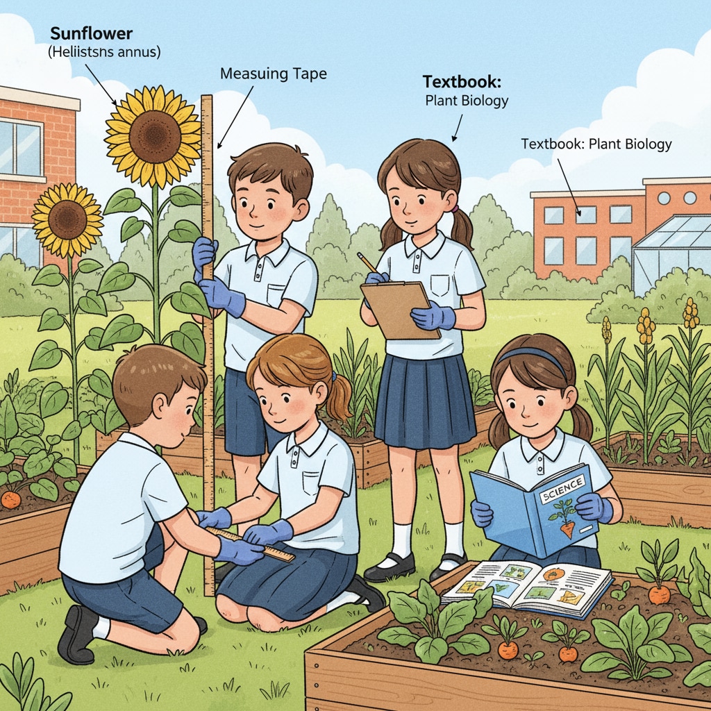 Students are carefully measuring the height of plants in a well-maintained school garden, focusing on their scientific tasks. Students using practical methods to learn in a school garden as part of interdisciplinary learning.