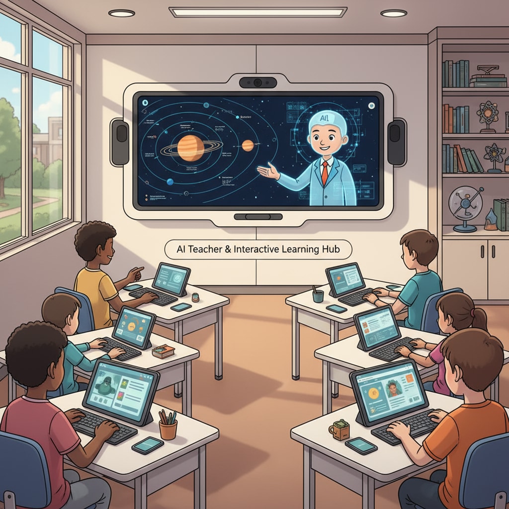 AI teacher interacting with students in a classroom setting related to artificial intelligence in education by Derek Li and machine learning