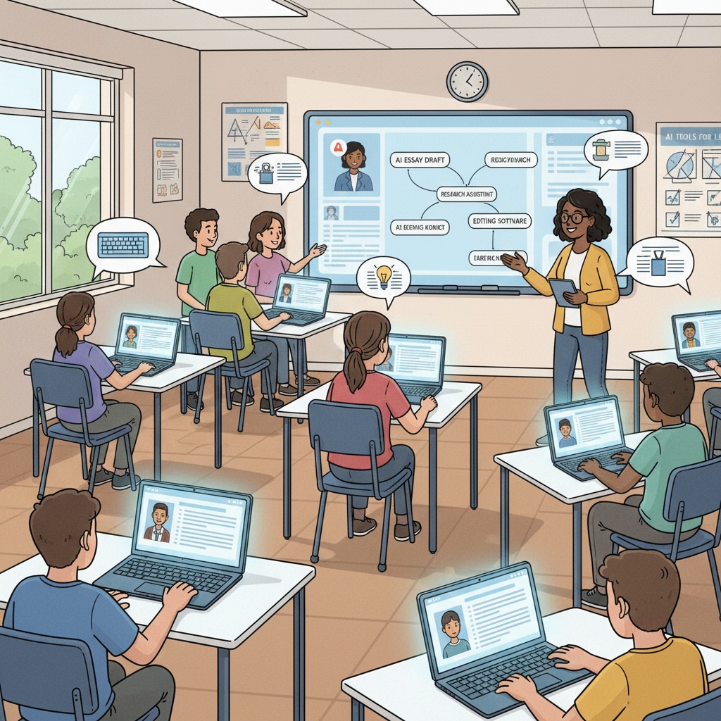 Students using AI writing tools in a K12 classroom to enhance their writing skills.