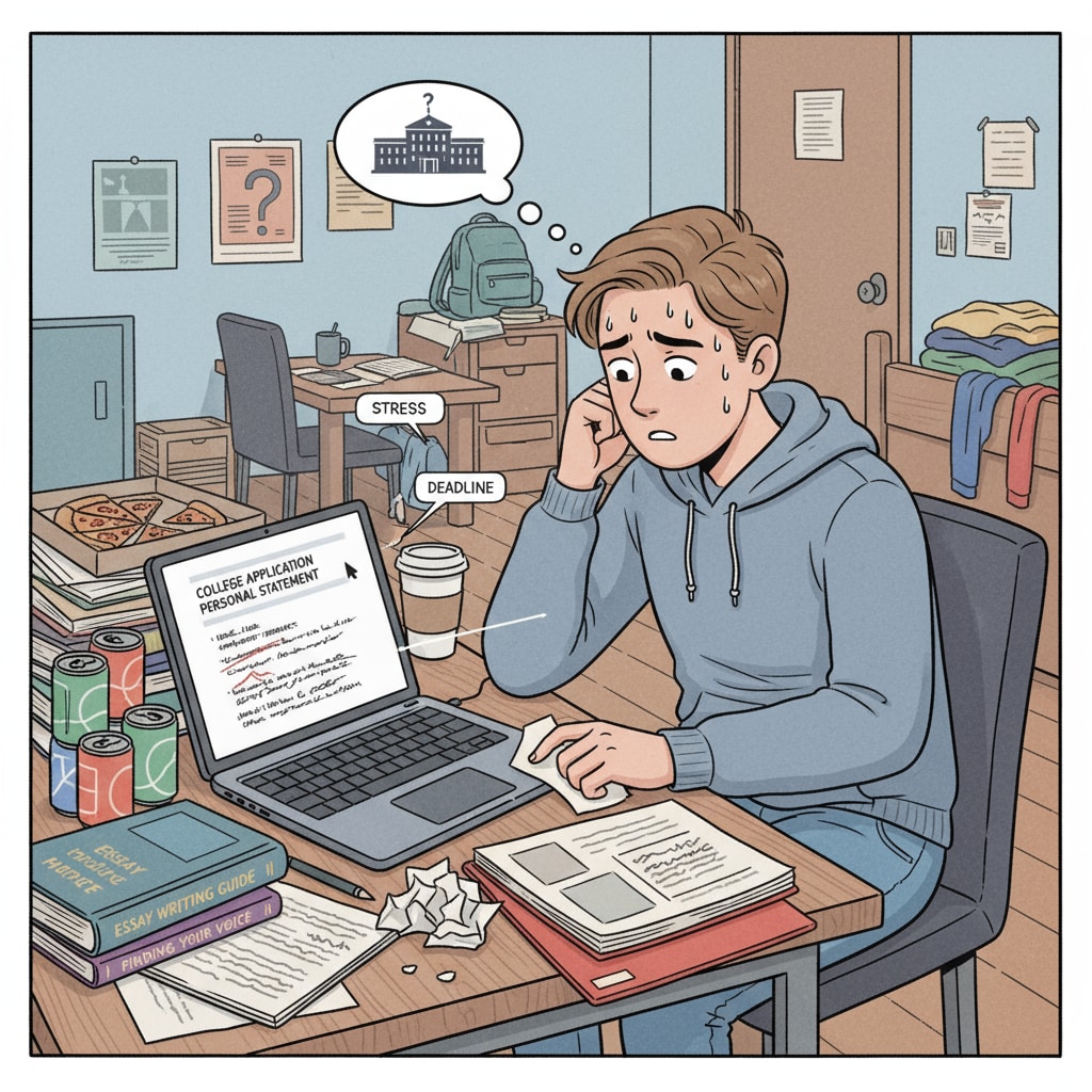 A worried student writing a college application personal statement amidst AI detection concerns