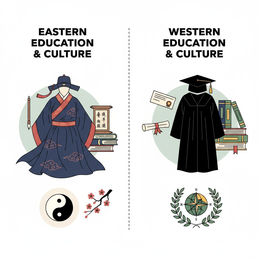 A visual comparison of Eastern and Western educational and cultural elements related to the concepts of 'know' and 'understand' in terms of language differences and cultural thinking.