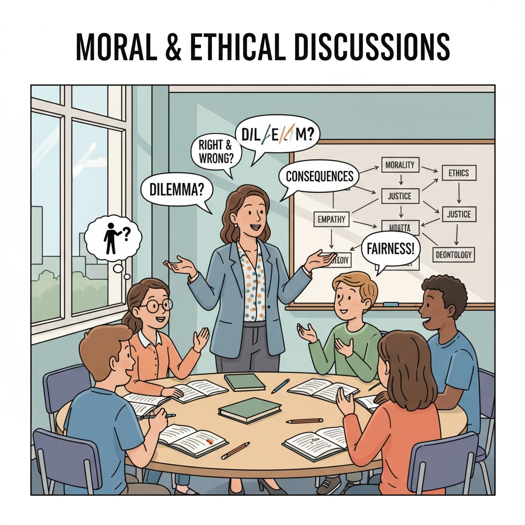 Students engaged in moral and ethical education discussion in a classroom related to compulsory courses and civic education