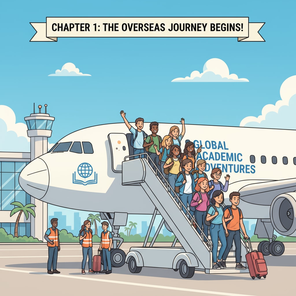 Students boarding a plane for an overseas trip organized by a tour company
